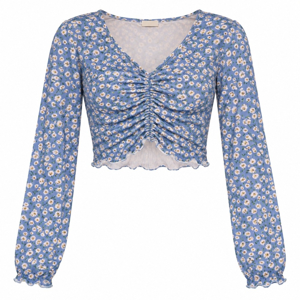 Crop Top Teen 14Y Blue Daisy Floral Coquette Cottagecore Ruched Lettuce Edge Y2K